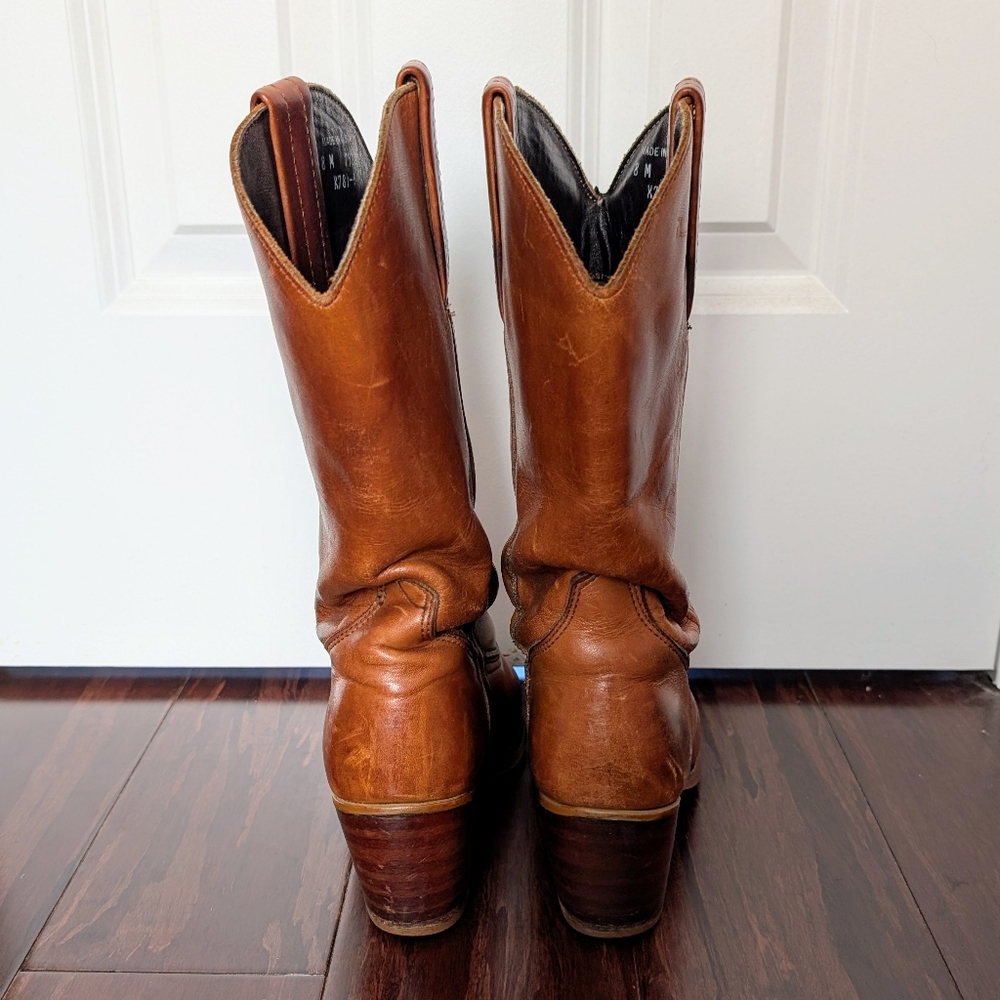 Vintage 70's Cognac Leather Dexter Stacked Heel Cowboy Boots Women's Size 8 - Picture 4 of 7